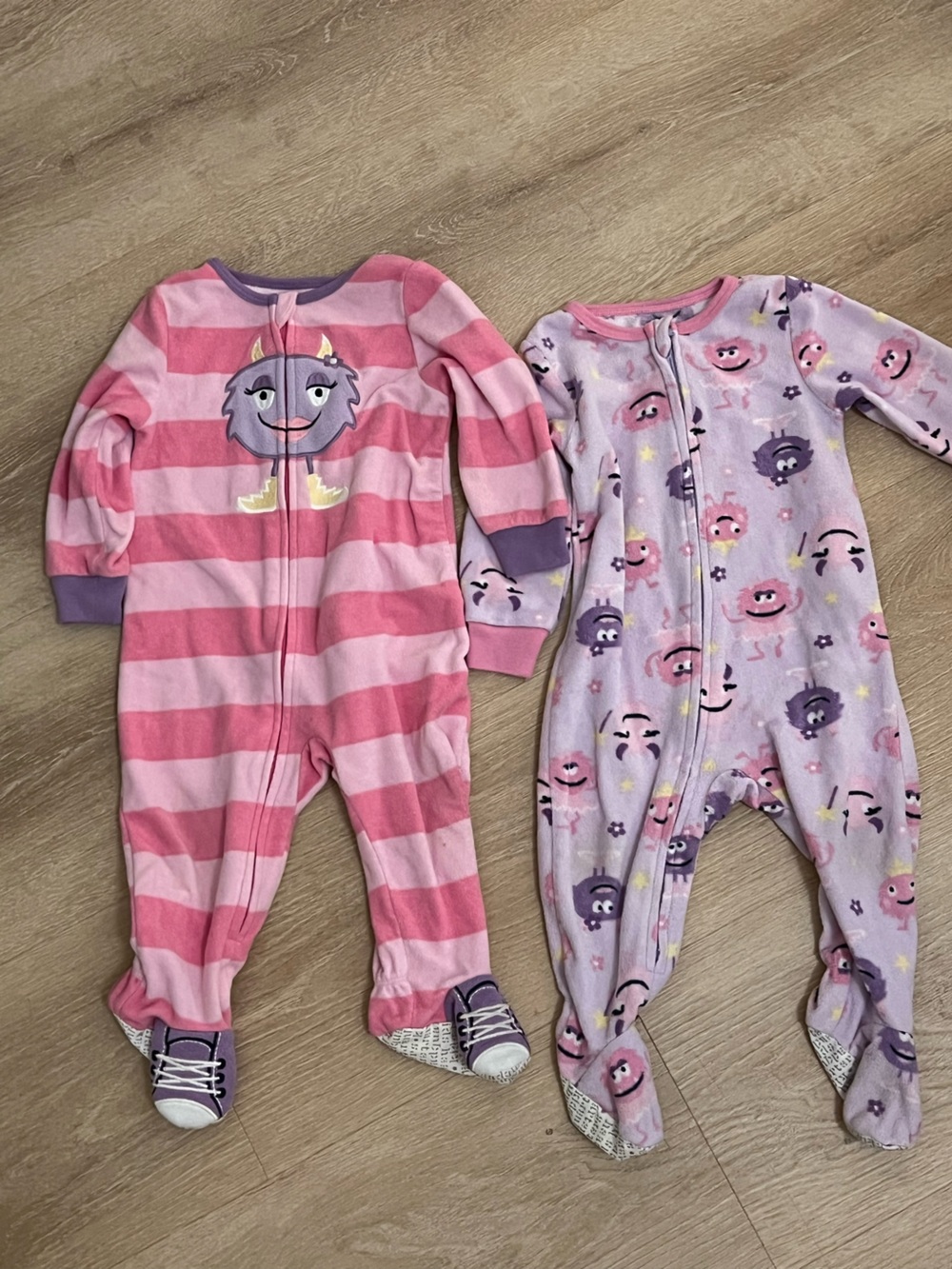 Kids Headquarters Pink and Purple Monster Stripe & Print Fleece Footies - 2 Pack